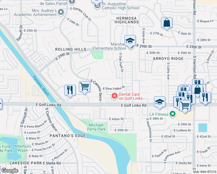map of restaurants, bars, coffee shops, grocery stores, and more near 8909 East Pine Valley Drive in Tucson