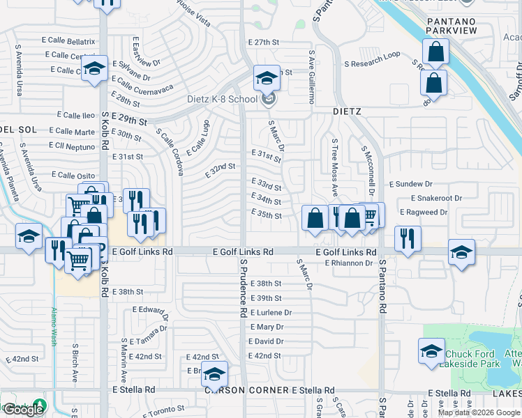 map of restaurants, bars, coffee shops, grocery stores, and more near 7510 East 34th Street in Tucson