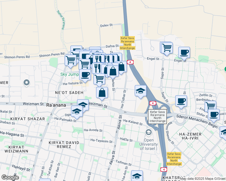 map of restaurants, bars, coffee shops, grocery stores, and more near 1 Zarhin Street in Ra'anana