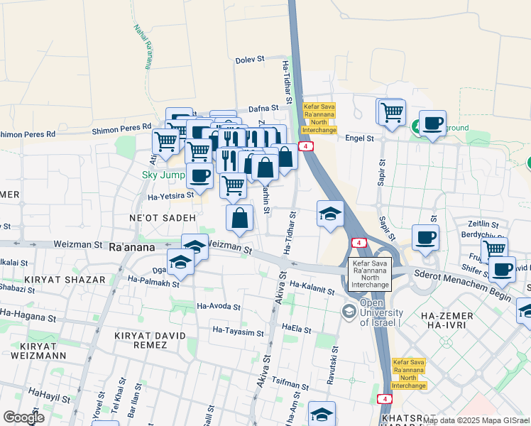 map of restaurants, bars, coffee shops, grocery stores, and more near 1 Zarhin Street in Ra'anana