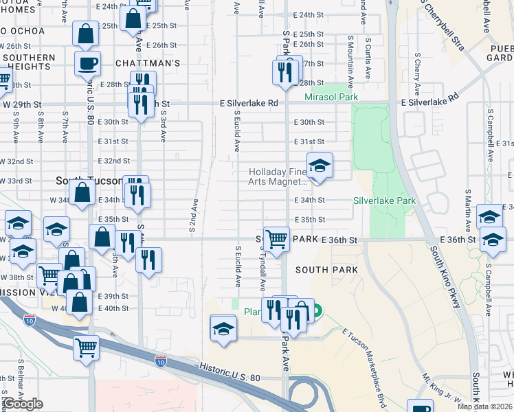 map of restaurants, bars, coffee shops, grocery stores, and more near 837 East 34th Street in Tucson
