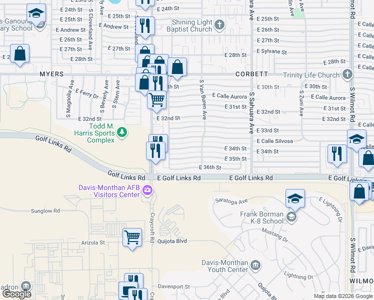 map of restaurants, bars, coffee shops, grocery stores, and more near 5631 East 34th Street in Tucson
