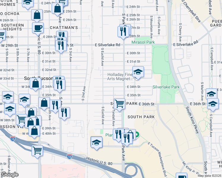 map of restaurants, bars, coffee shops, grocery stores, and more near 837 East 34th Street in Tucson