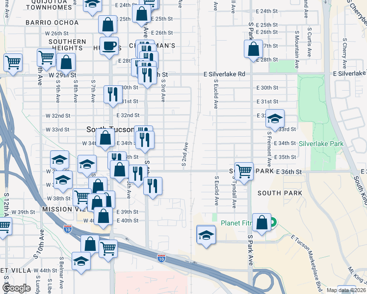 map of restaurants, bars, coffee shops, grocery stores, and more near 438 East 34th Street in Tucson