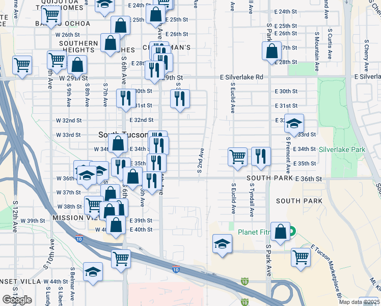 map of restaurants, bars, coffee shops, grocery stores, and more near 438 East 34th Street in Tucson
