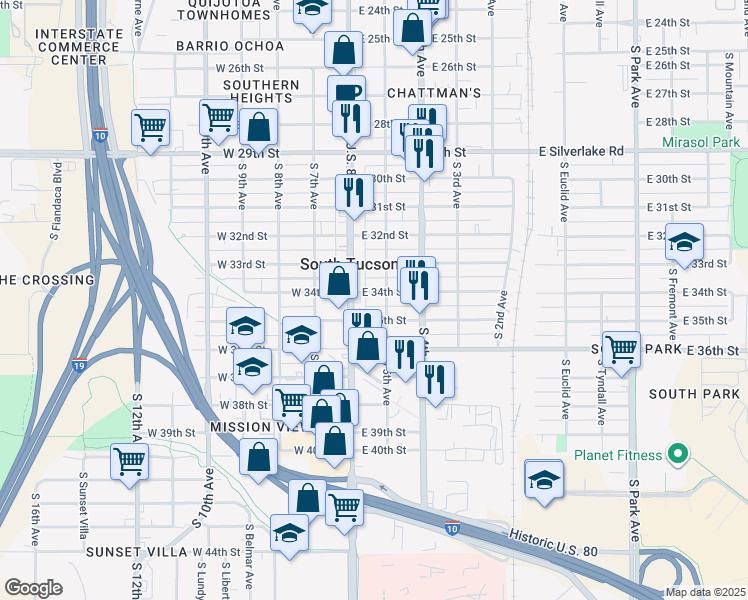 map of restaurants, bars, coffee shops, grocery stores, and more near 144 East 34th Street in Tucson