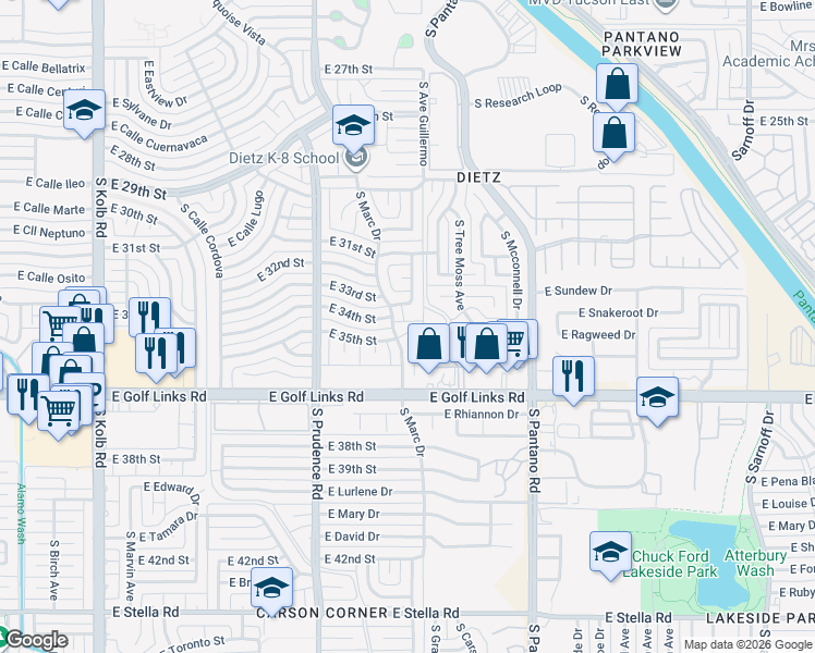 map of restaurants, bars, coffee shops, grocery stores, and more near 2325 South Marc Drive in Tucson