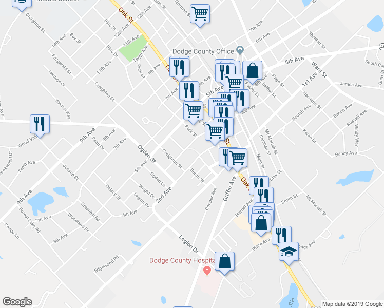 map of restaurants, bars, coffee shops, grocery stores, and more near 400 2nd Avenue in Eastman