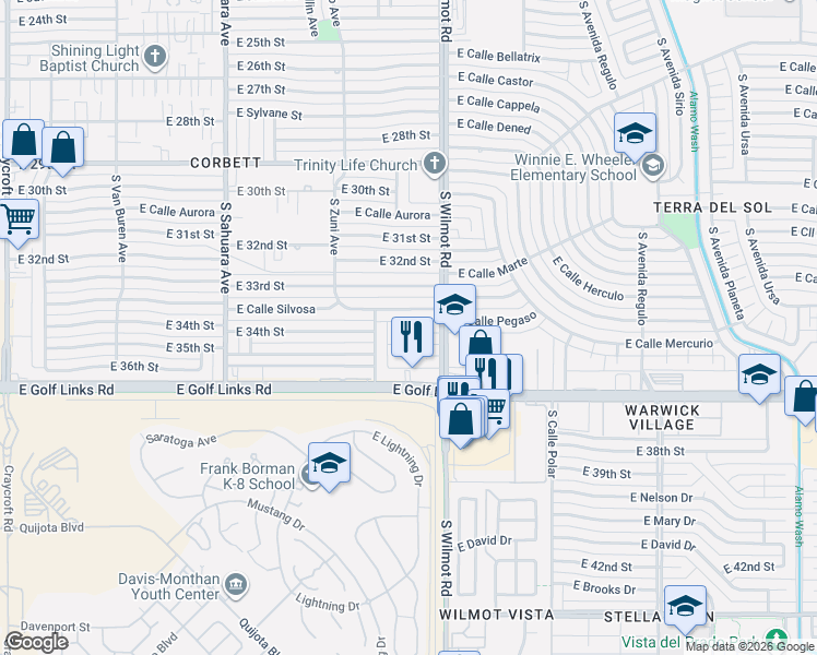 map of restaurants, bars, coffee shops, grocery stores, and more near 6241 East 34th Street in Tucson