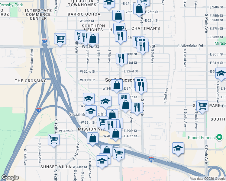 map of restaurants, bars, coffee shops, grocery stores, and more near 27 West 34th Street in Tucson