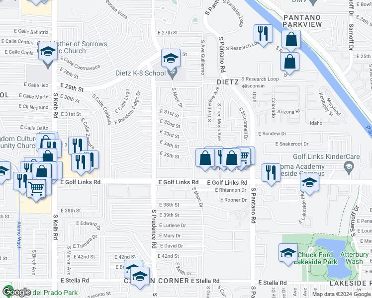 map of restaurants, bars, coffee shops, grocery stores, and more near 7618 East 34th Street in Tucson