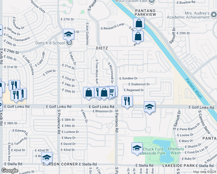 map of restaurants, bars, coffee shops, grocery stores, and more near 2344 South Mcconnell Drive in Tucson