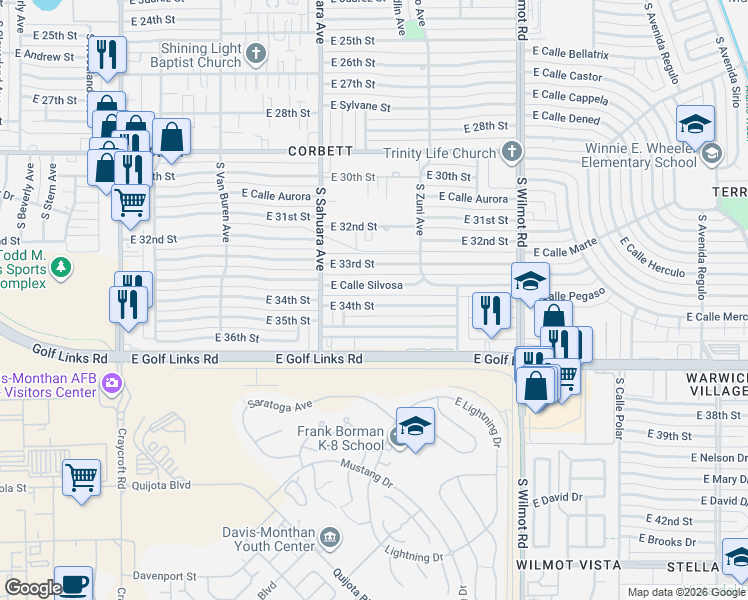 map of restaurants, bars, coffee shops, grocery stores, and more near 6001 East 34th Street in Tucson