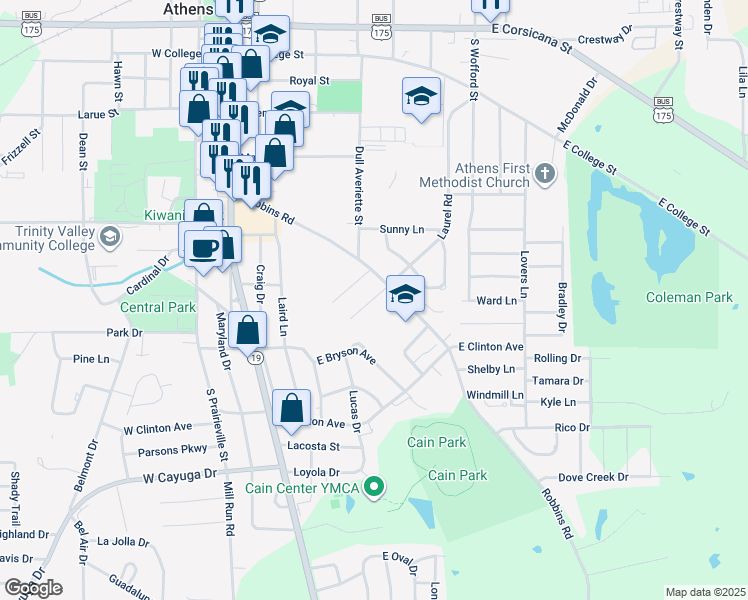 map of restaurants, bars, coffee shops, grocery stores, and more near 605 Laurel Road in Athens