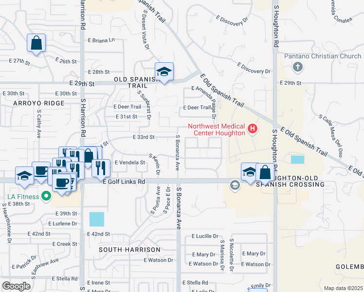 map of restaurants, bars, coffee shops, grocery stores, and more near 2398 South Adventure Trail in Tucson