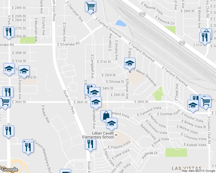 map of restaurants, bars, coffee shops, grocery stores, and more near 2003 E 34th St in Tucson