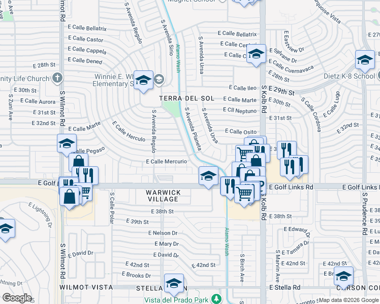 map of restaurants, bars, coffee shops, grocery stores, and more near 2055 South Avenida Del Sol in Tucson