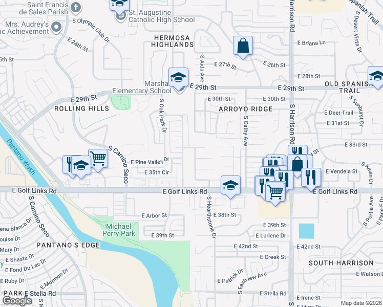 map of restaurants, bars, coffee shops, grocery stores, and more near 9134 East 33rd Place in Tucson
