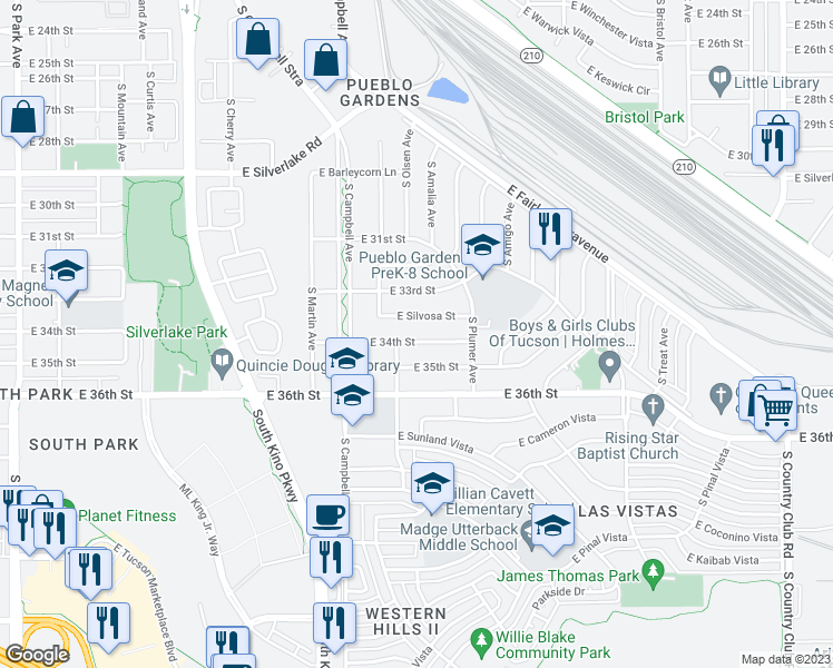 map of restaurants, bars, coffee shops, grocery stores, and more near 2003 East 34th Street in Tucson