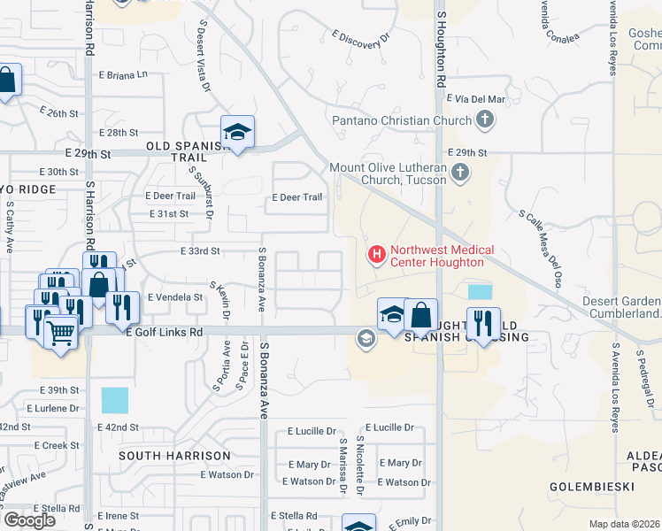map of restaurants, bars, coffee shops, grocery stores, and more near 10051 East Denver Hill Drive in Tucson
