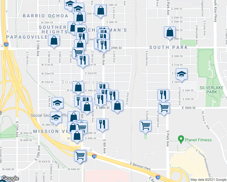 map of restaurants, bars, coffee shops, grocery stores, and more near 350 South 3rd Avenue in Tucson