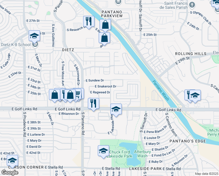 map of restaurants, bars, coffee shops, grocery stores, and more near 8088 E Snakeroot Dr in Tucson