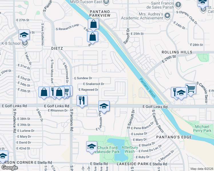 map of restaurants, bars, coffee shops, grocery stores, and more near 8152 East Snakeroot Drive in Tucson