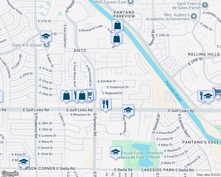 map of restaurants, bars, coffee shops, grocery stores, and more near 8020 East Snakeroot Drive in Tucson