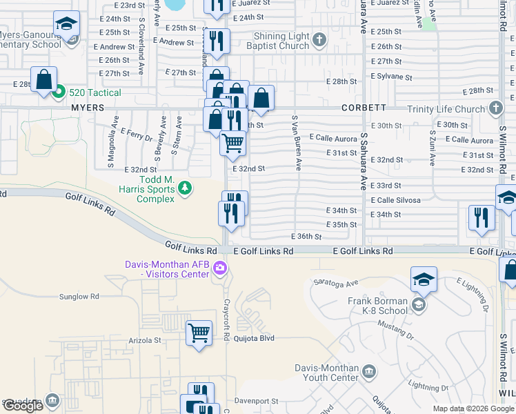 map of restaurants, bars, coffee shops, grocery stores, and more near 5631 East 34th Street in Tucson