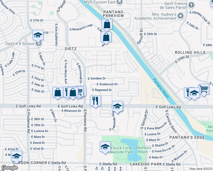 map of restaurants, bars, coffee shops, grocery stores, and more near 8088 East Snakeroot Drive in Tucson