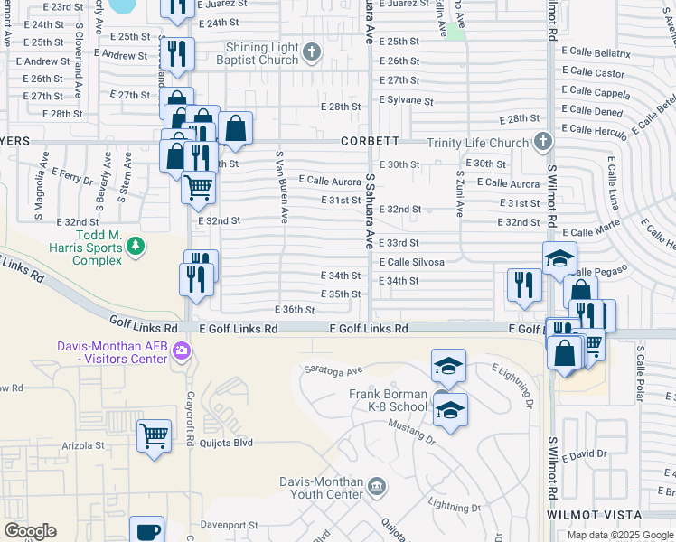 map of restaurants, bars, coffee shops, grocery stores, and more near 5819 East 34th Street in Tucson
