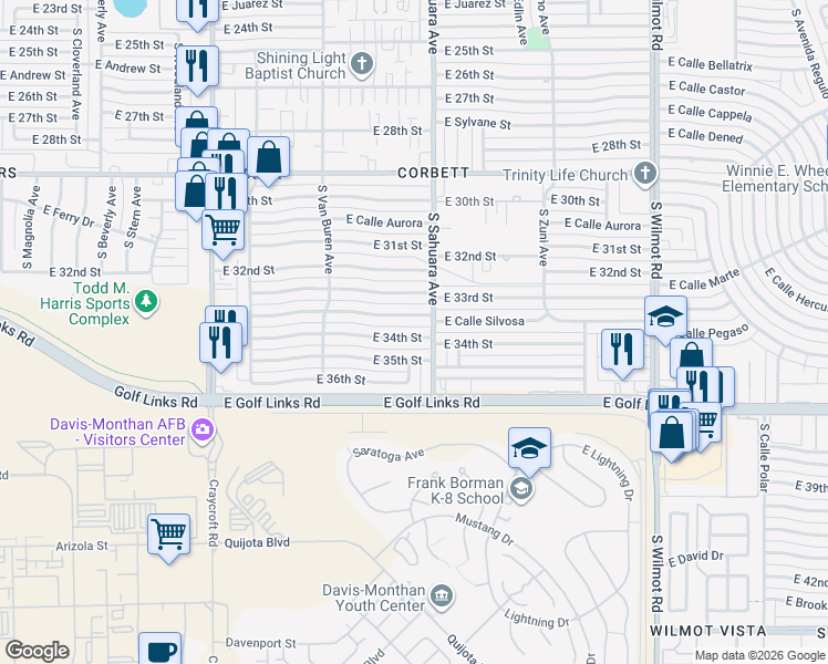 map of restaurants, bars, coffee shops, grocery stores, and more near 5819 East 34th Street in Tucson