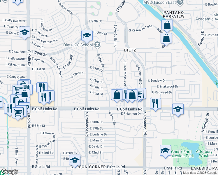 map of restaurants, bars, coffee shops, grocery stores, and more near 2325 South Marc Drive in Tucson