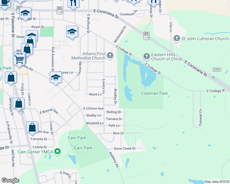 map of restaurants, bars, coffee shops, grocery stores, and more near 921 Bradley Drive in Athens