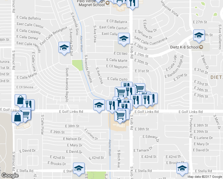map of restaurants, bars, coffee shops, grocery stores, and more near 2177 South Avenida Planeta in Tucson