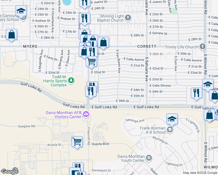 map of restaurants, bars, coffee shops, grocery stores, and more near 5631 East 34th Street in Tucson