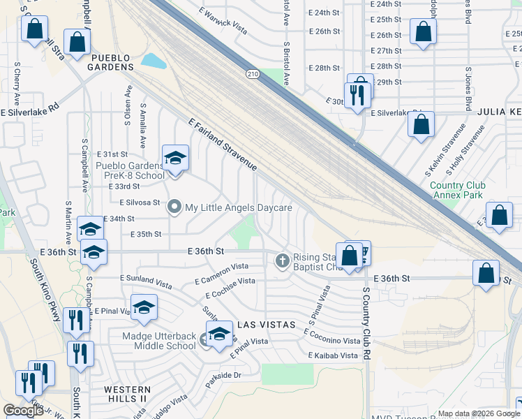 map of restaurants, bars, coffee shops, grocery stores, and more near 2416 South Sawtelle Avenue in Tucson