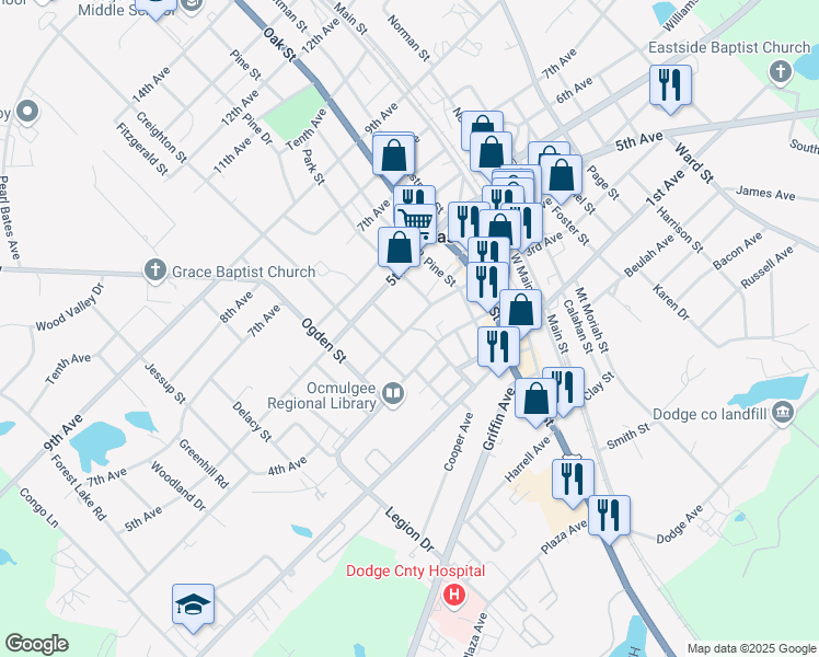 map of restaurants, bars, coffee shops, grocery stores, and more near 400 2nd Avenue in Eastman