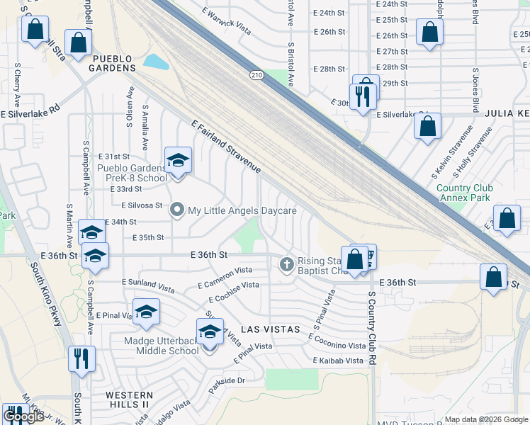 map of restaurants, bars, coffee shops, grocery stores, and more near 2416 South Sawtelle Avenue in Tucson