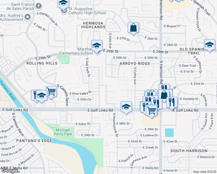 map of restaurants, bars, coffee shops, grocery stores, and more near 9134 East 33rd Place in Tucson