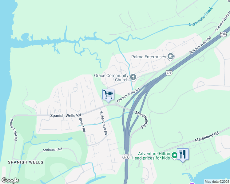 map of restaurants, bars, coffee shops, grocery stores, and more near 540 Spanish Wells Road in Hilton Head Island
