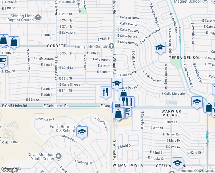 map of restaurants, bars, coffee shops, grocery stores, and more near 6262 East Cll Silvosa in Tucson