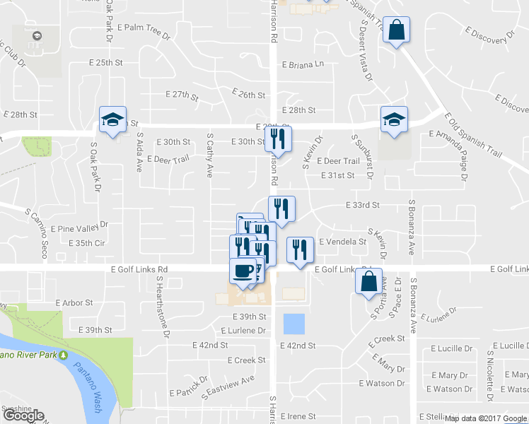 map of restaurants, bars, coffee shops, grocery stores, and more near 2330 South Harrison Road in Tucson