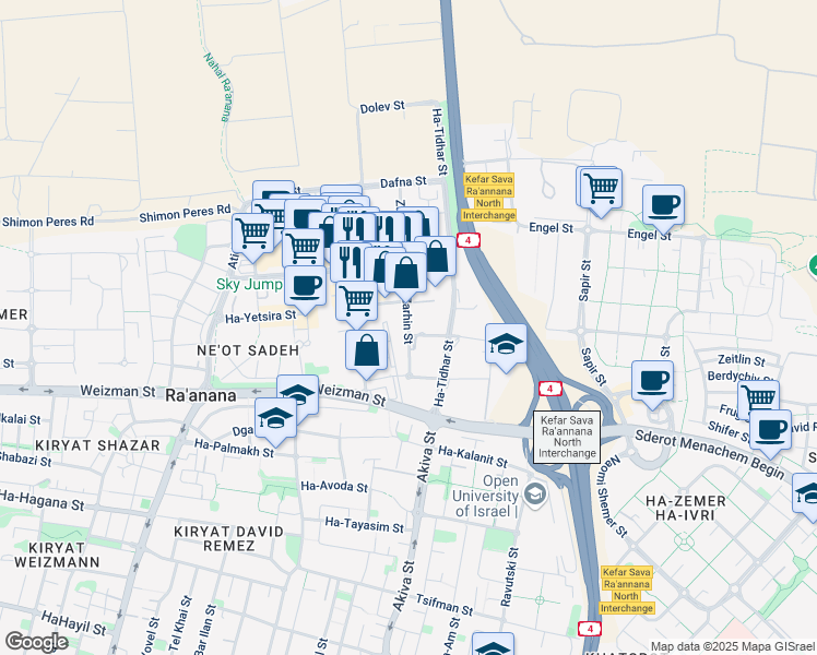 map of restaurants, bars, coffee shops, grocery stores, and more near 1 Zarhin Street in Ra'anana