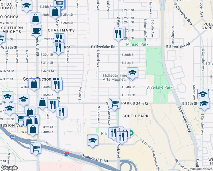 map of restaurants, bars, coffee shops, grocery stores, and more near 837 East 34th Street in Tucson