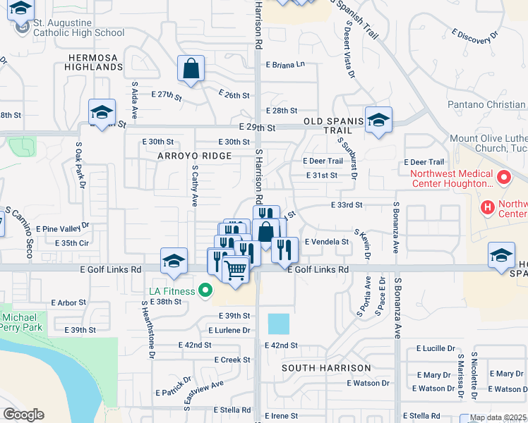 map of restaurants, bars, coffee shops, grocery stores, and more near 2330 South Harrison Road in Tucson