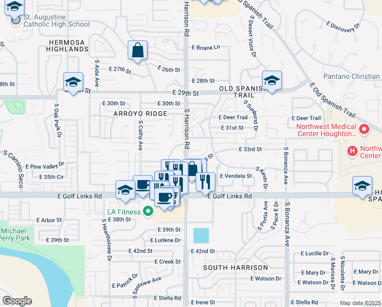 map of restaurants, bars, coffee shops, grocery stores, and more near 2330 South Harrison Road in Tucson