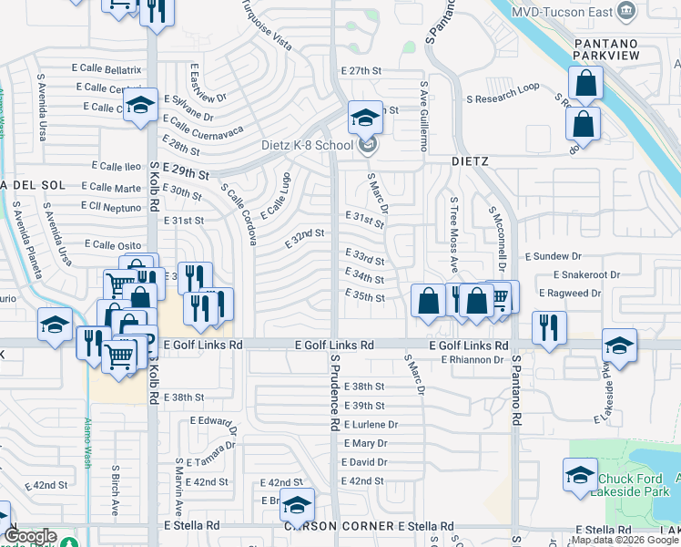 map of restaurants, bars, coffee shops, grocery stores, and more near 7510 East 34th Street in Tucson