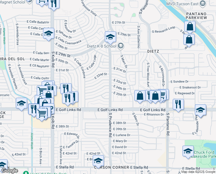 map of restaurants, bars, coffee shops, grocery stores, and more near 7510 East 34th Street in Tucson