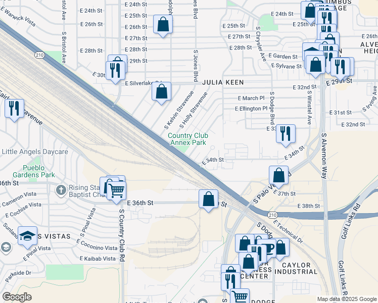 map of restaurants, bars, coffee shops, grocery stores, and more near 2419 South Hemlock Stravenue in Tucson